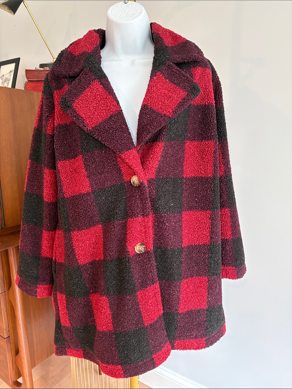 Joan Rivers Red and Black Plaid Teddy Jacket